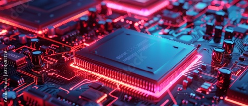 Detailed closeup of a glowing microchip on a hightech motherboard
