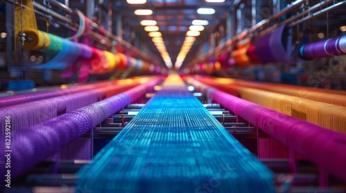 Textile manufacturing facility with rows of looms producing colorful fabrics
