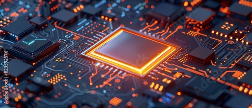 Closeup of a glowing computer chip on a detailed motherboard