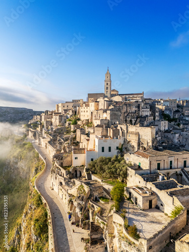 Aerial View of a Foggy Spring Morning, Sassi of Matera, .The old town carved out of the rocks.UNESCO World Heritage Site.Matera.Matera district.Basilicata.Southern Italy, Europe