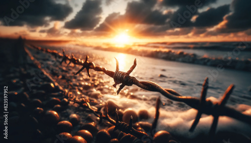 A foreground of rusty barbed wire across a beach at sunset. The sun is setting on the horizon