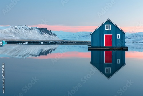 a blue house with red door on a lake