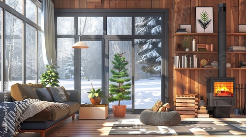  A modern living room with a large glass window looking out onto a snowy forest. There is a fireplace in the foreground and a sofa in the middle of the room.