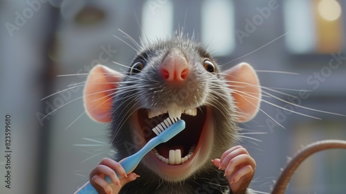 An excited cartoon rat with oversized front teeth brushing with a blue toothbrush, against a city backdrop.