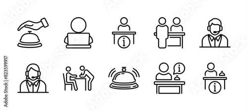Reception desk line icon set. Containing receptionist, hotel bell, customer service, counter, information, registration, reservation, staff, guest, client, assistance, cashier. Vector illustration