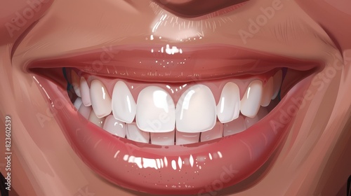Hyperrealistic digital illustration of a persons smile showcasing a prominent gap between their front teeth, sharp details and vibrant colors, glossy finish, clean white teeth, neutral background