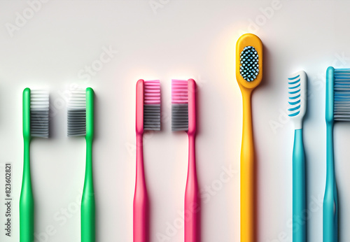 Verschiedene, farbige Zahnbürsten auf weißem Hintergrund, flatlay, copy space