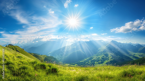 A panoramic view of the Alps, with sunlight shining down on green mountains and blue sky
