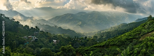 A panoramic view of the lush green mountains and coffee plantations, white clouds overhead, sunlight breaking through and casting soft shadows on the rugged terrain