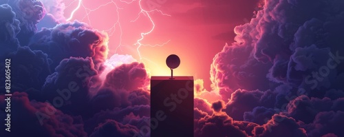 Striking pop-art styled mockup with a podium, surrounded by dramatic clouds and lightning