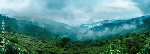 A panoramic view of the lush green mountains and coffee plantations