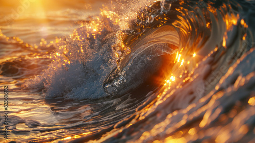 A curling wave in the sea or ocean with a sunset in the background 