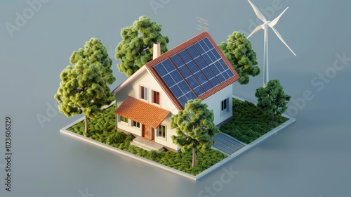 The image shows a house with solar panels on the roof and a wind turbine in the yard