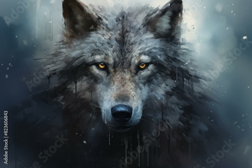 Digital artwork of a wolf with piercing yellow eyes amidst a snowy, abstract backdrop