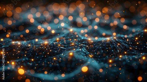 Abstract digital network and data visualization with glowing orange and blue particles. Futuristic technology background illustration.