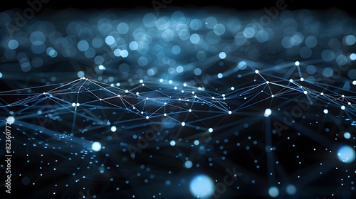 Abstract digital network background with glowing blue nodes and connecting lines, illustrating technology, connectivity, and data flow.