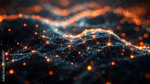 Abstract digital network background with glowing nodes and connections, showcasing data flow, technology, and futuristic design.