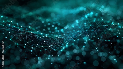 Abstract digital network connecting dots, futuristic technology background with teal glowing nodes and lines on dark backdrop.