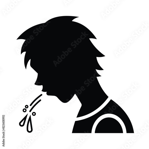 Man silhouette spitting saliva icon sign illustration shadow isolated on square white background. Simple flat cartoon art styled drawing for poster prints.