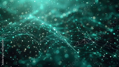 Abstract digital network visualization background with particle waveforms and connecting lines in green tones, ideal for tech-science themes.
