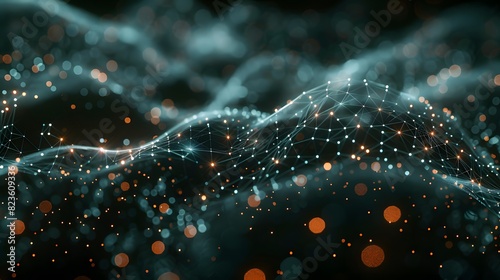 Abstract digital network visualization with glowing dots and lines, depicting data flow and connection in a modern technology theme.