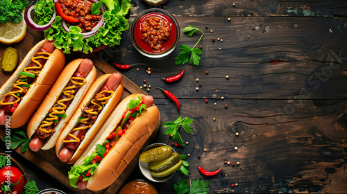 Tasty hot dogs with chili lettuce pickles and sauces o