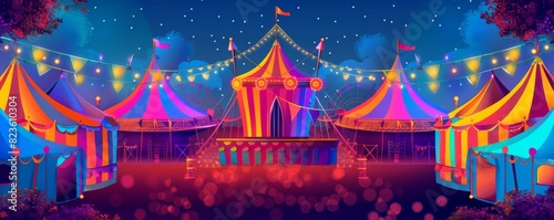 Vibrant pop-art circus scene with colorful tents and festive lights at night