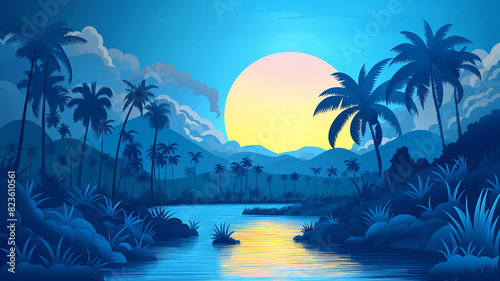 Pop art comic vintage tropical beach palm and sunset landscapes poster blue background. Social media brochure magazine cover background.