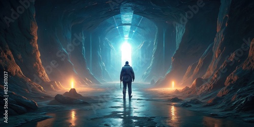 A man walking through a dark tunnel, with a bright light at the end