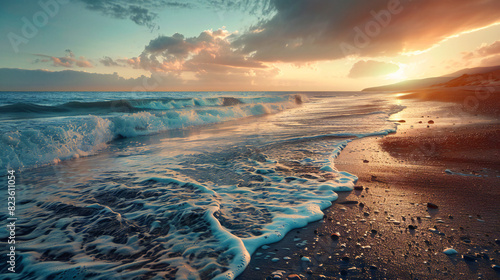 A serene beach at sunset with gentle waves lapping the shore, perfect for campaigns promoting relaxation, travel, or nature's beauty