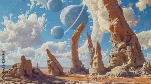 A surreal desert landscape, with strange, organic structures and a sky filled with multiple moons.