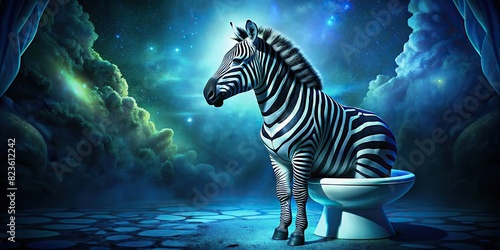 A surreal image of a zebra sitting on a toilet, its black and white stripes contrasting with the white porcelain