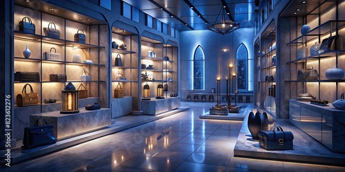 A spacious and well-lit interior of a Dior store with shelves displaying handbags, perfumes, and other luxury items