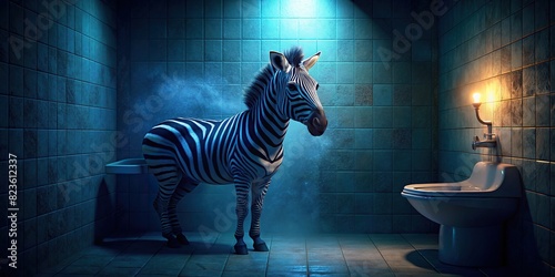 A staged photo of a zebra sitting on a toilet, its hooves dangling over the edge