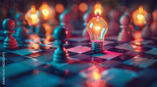 A glowing light bulb stands on a chessboard, surrounded by pawns, symbolizing innovation, strategy, and bright ideas in a competitive or strategic setting.