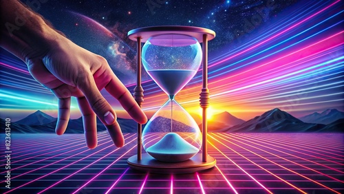 Abstract hourglass with a hand reaching towards it in a retro 80s collage style
