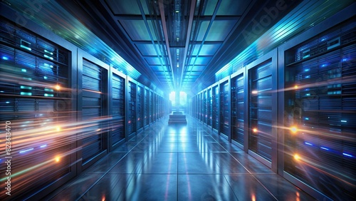 Abstract image of server room in motion blur. Servers are blinking and flashing