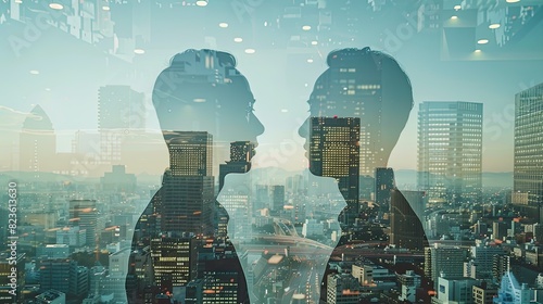 Multiple exposure shot of two architects in a building superimposed on a cityscape
