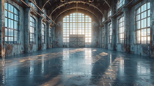 The golden sunlight fills a large empty industrial space with tall arc windows and reflective glossy floor