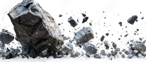 Large and small pieces of gray rocks and stones flying through the air on a white background