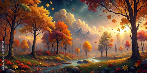 Autumn landscape with colorful foliage, falling leaves and trees