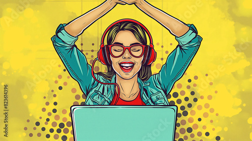 Pop art and business concept. Pop art woman with raised hands sitting in front of laptop with eyeglasses on isolated colorful background comic style. Employee who receives positive news about the job.