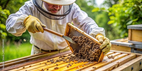 Beekeeper using a brush to gently remove bees from a honeycomb frame
