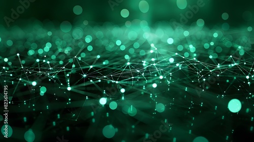 Abstract green digital network with connecting dots and lines, representing technology, connectivity, and data visualization.
