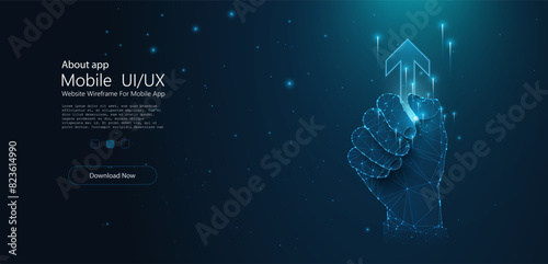 Low-poly 3D illustration of a human hand pointing upward with an arrow, symbolizing growth, progress, and technology. Hand is composed of interconnected lines and glowing nodes on a dark background.