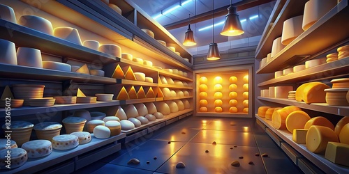 Cheese variety selection in modern supermarket. Packaged cheese of parmesan, camembert, cheddar, mozzarella, and brie on shelves