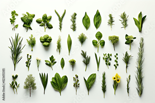 Variety of herbs and spices on a white background, including basil, thyme, rosemary, oregano, and mint.