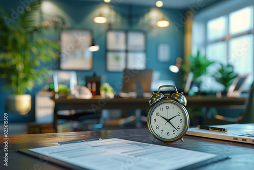 A vintage alarm clock and documents are on an office desk with green plants in the background, creating a cozy and productive workspace.