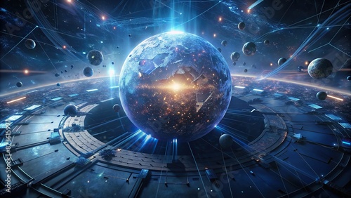 Cyberspace sphere bursting with information, symbolizing the overwhelming influx of data and frantic online activity 