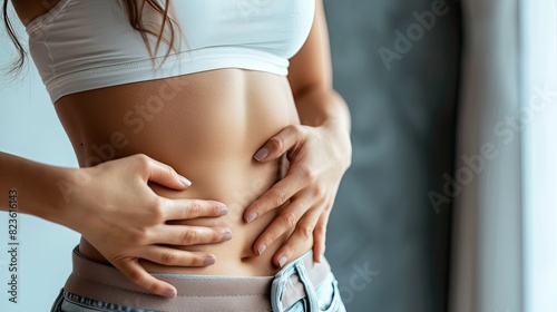 a studio shot of a closeup of A Fat, lose weight and woman touching stomach in studio with liposuction mockup